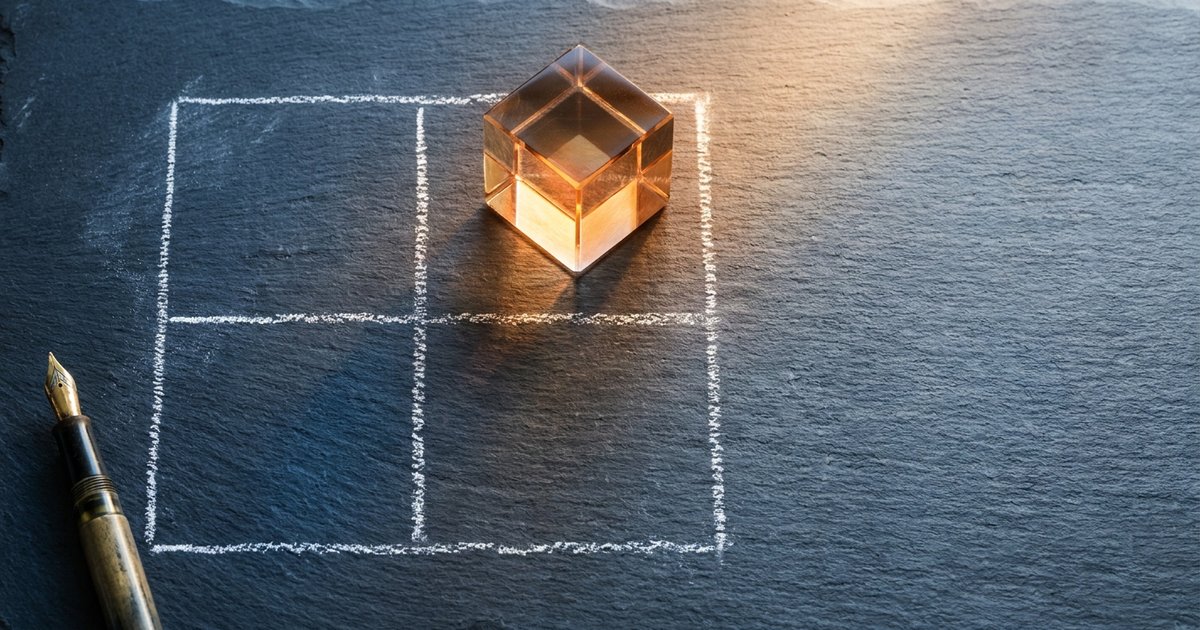 Slate desk with a chalk-drawn 2x2 matrix; an amber-lit glass cube paperweight sits in the upper-right quadrant.