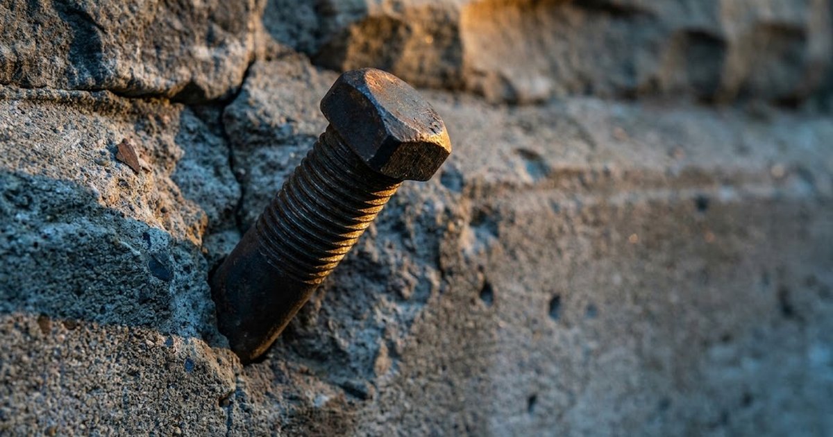 Rusty bolt embedded in a rough concrete wall, leaning diagonally downward from the masonry surface.