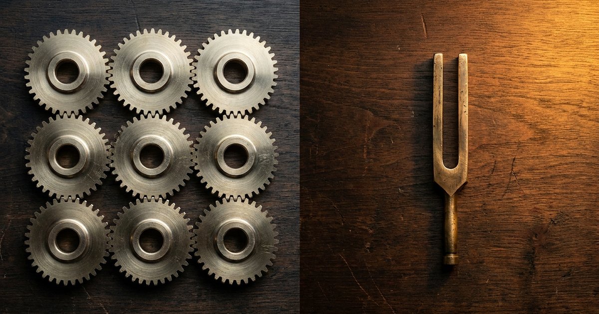 Wood workbench diptych: a cool-lit grid of nine machined steel gears on the left, a single warm-lit hand-tooled brass tuning fork on the right.