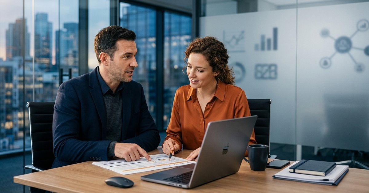A partner manager and an account executive reviewing an account plan together at a desk.