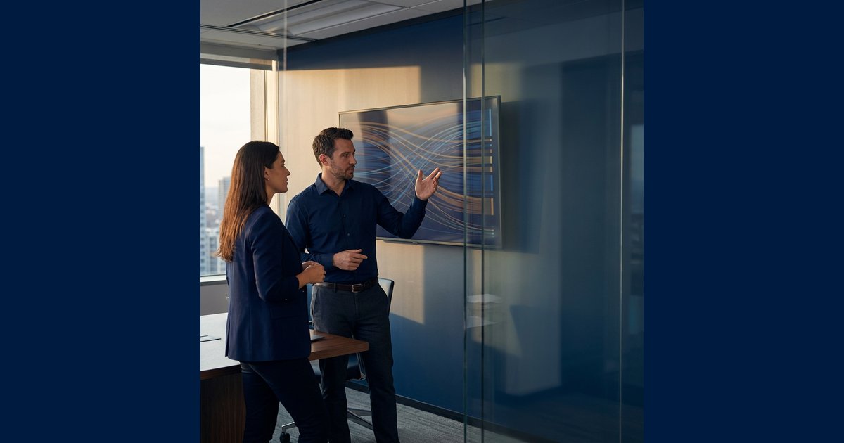 Two revenue executives discussing partnership strategy in a glass-walled meeting room.