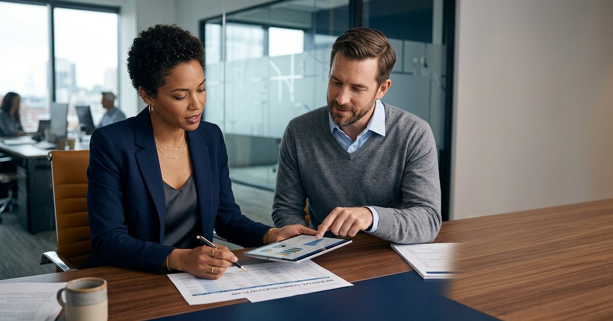 A partnerships leader and a finance colleague reviewing a partner incentive plan.