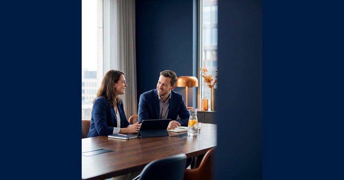 A partner manager onboarding a new partner contact at a meeting table.