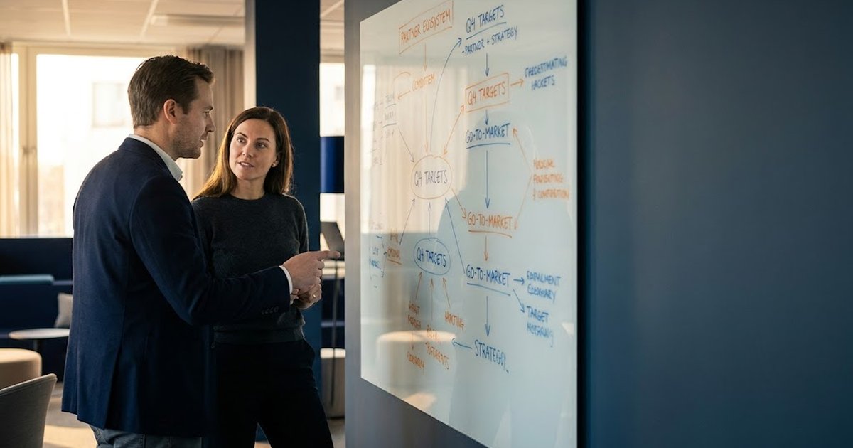 A CRO and a channel leader reviewing a channel sales strategy at a whiteboard.
