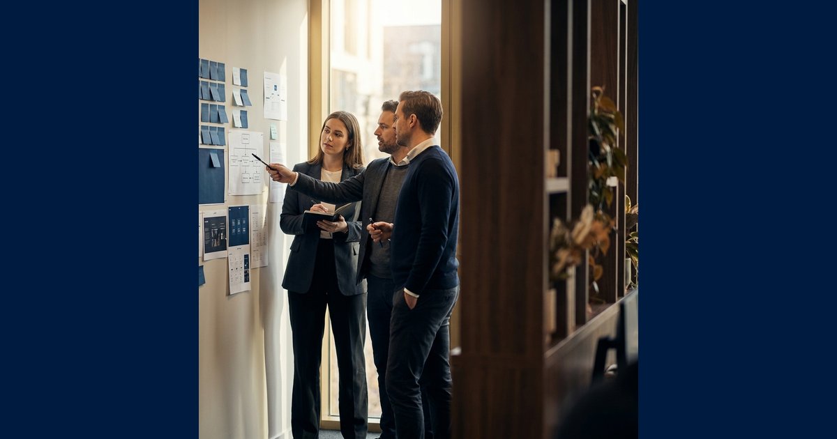 A partnerships team reviewing partner program structures on an office wall.