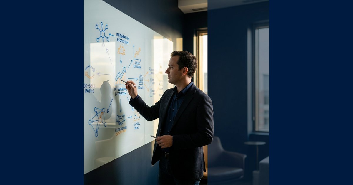 A partnerships founder sketching a partner program plan at a whiteboard.