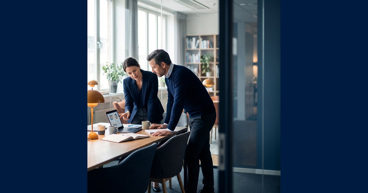 Two professionals discussing a laptop screen at a wooden conference table in a bright office setting.