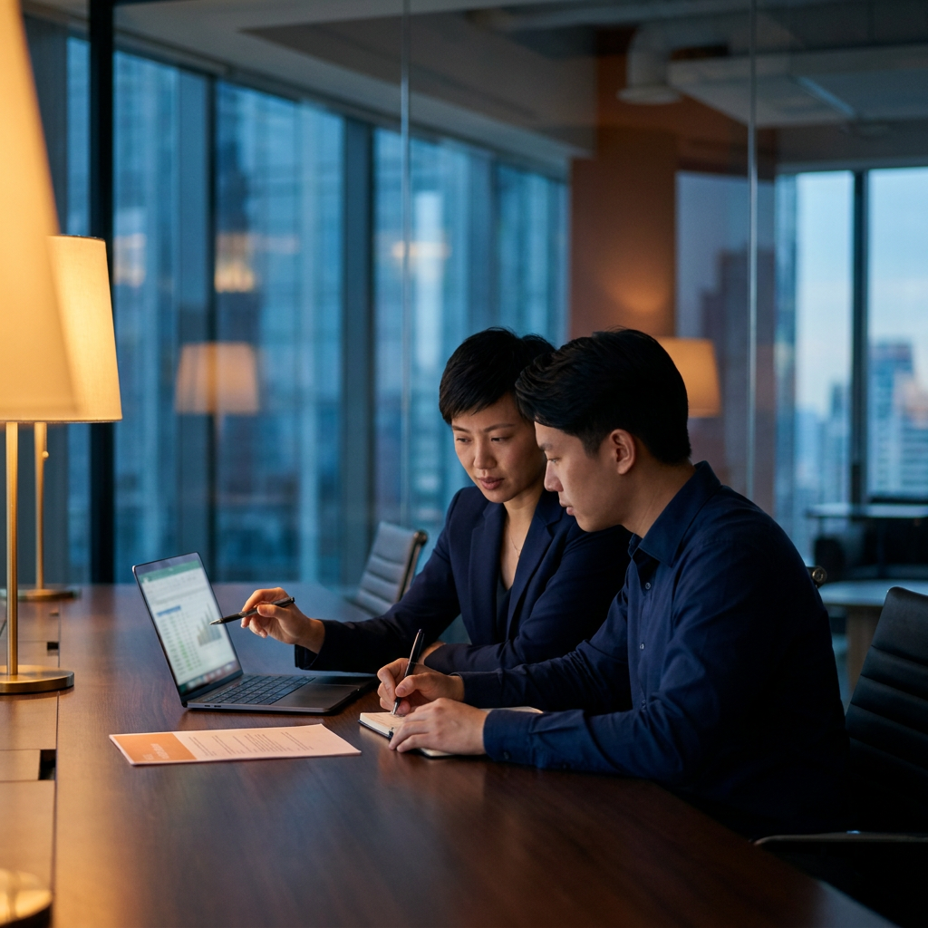 Two professionals reviewing a partner manager compensation plan on a laptop in a modern conference room, deep navy and amber palette