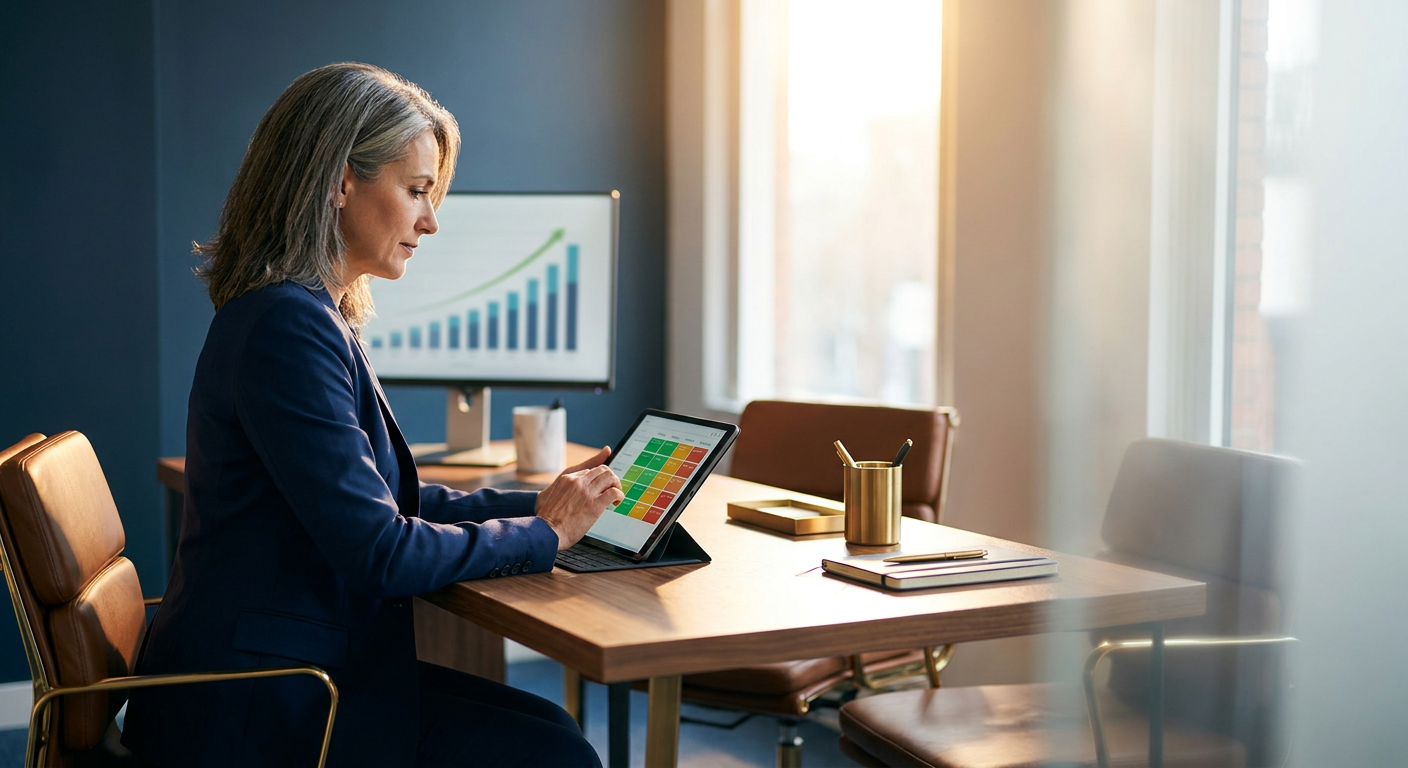 Partner manager reviewing color-coded partner segment lists on a tablet in a calm modern office, soft amber light from the right.