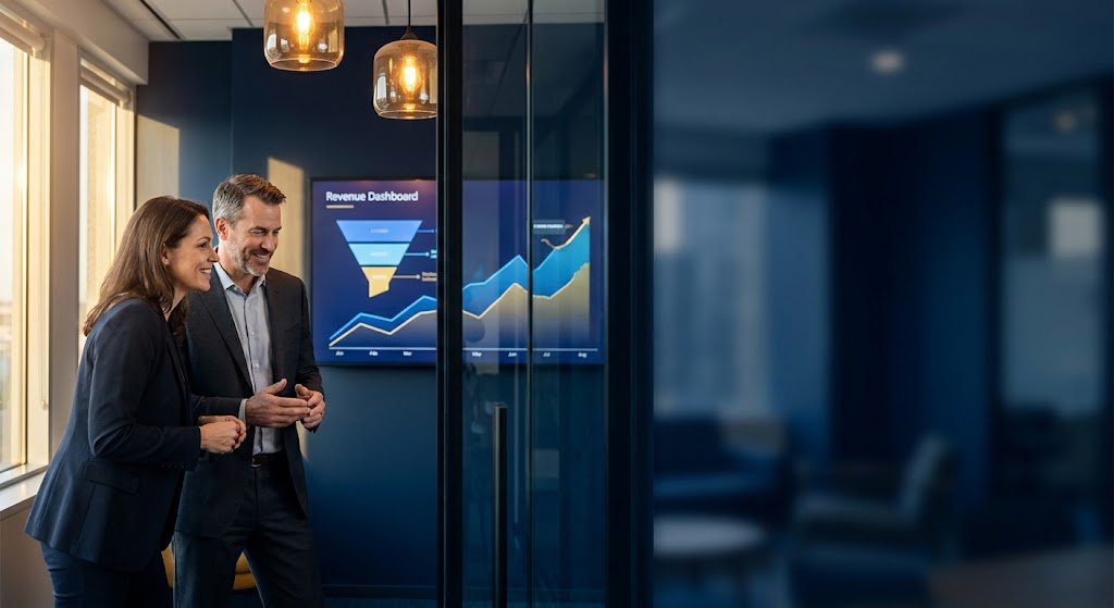 A CRO and head of partnerships standing at a glass conference wall reviewing a revenue dashboard, collaborative posture, deep navy and amber lighting.