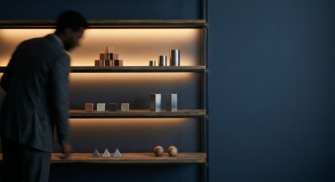 Three-shelf modern display wall with descending amber light bands and an analyst studying the top tier, an abstract hierarchy still life.