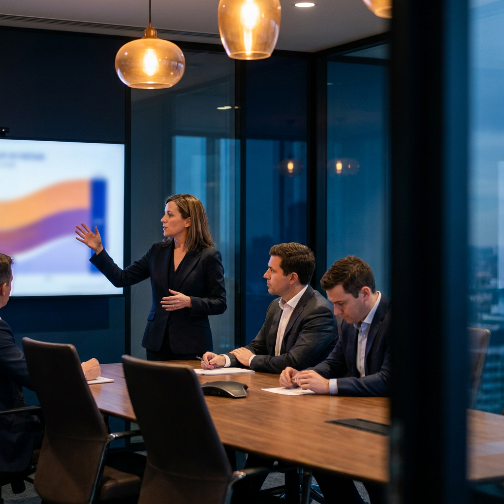 A VP of Partnerships presenting to executives in a glass-walled boardroom, abstract revenue waterfall on screen, calm authority.
