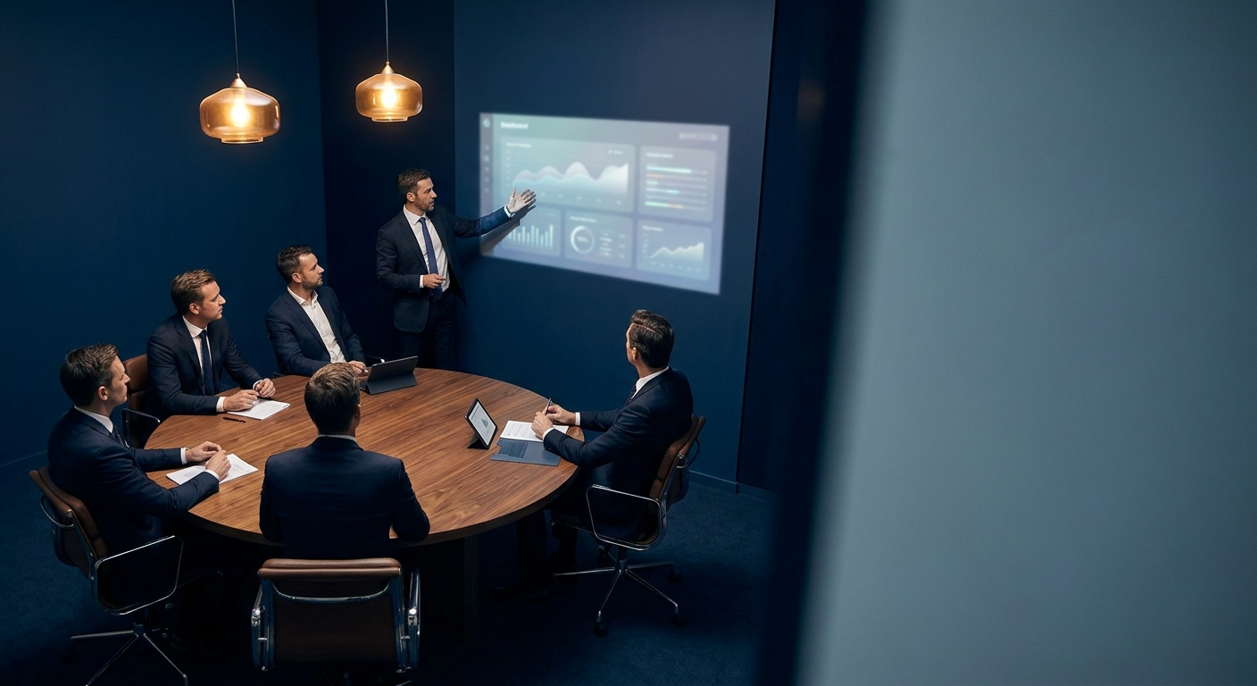 Oblique view of a C-suite executive meeting at a circular walnut table, navy presentation wall with abstract dashboard, weighty strategic mood.