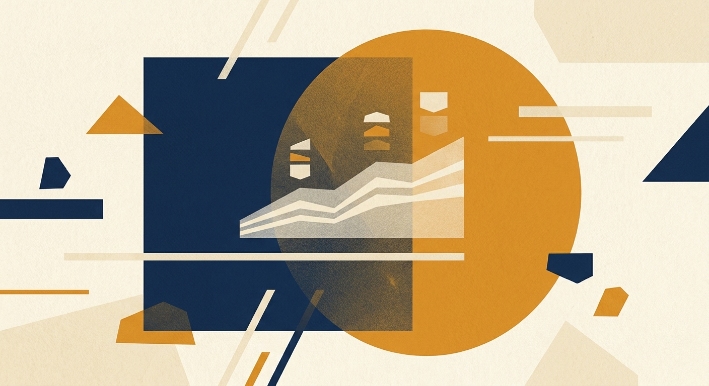Abstract editorial illustration of customer base data overlap as intersecting layered shapes in navy and amber