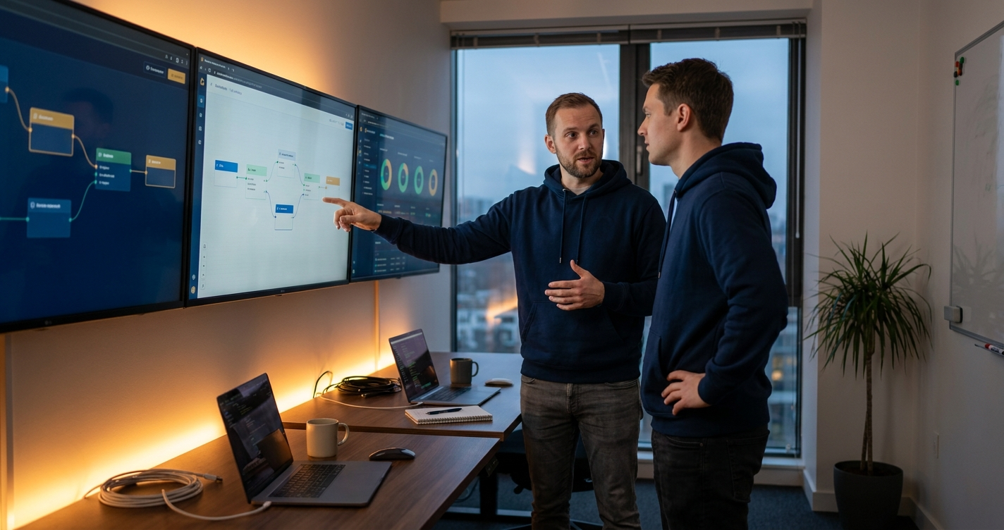 Two partner operations engineers in front of wall monitors showing automated workflow dashboards