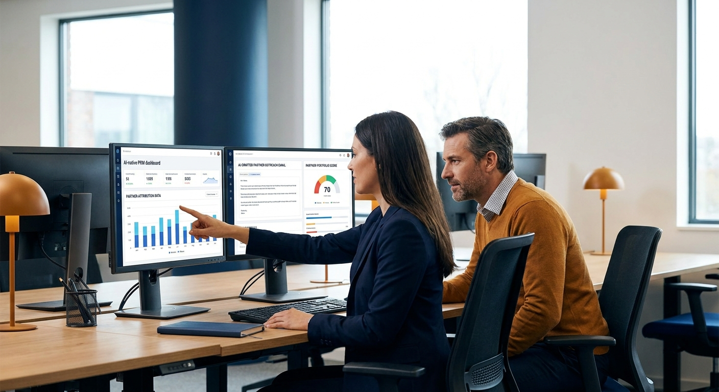 Two colleagues analyze data on dual computer monitors; the woman points toward the graphs on the left screen in a modern office.