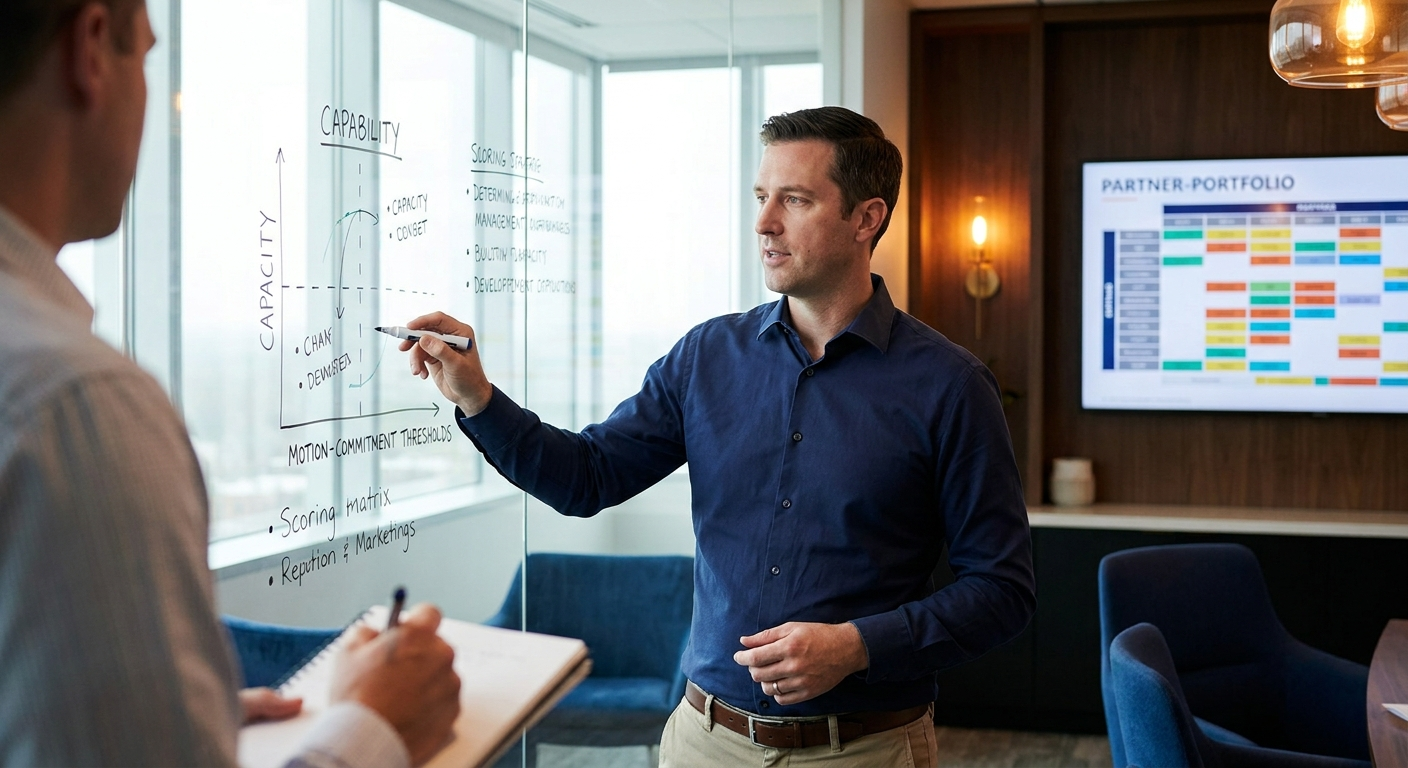 Alex Buckles in a sleeve-rolled-up dress shirt at a whiteboard sketching a partner-readiness score model with a CRO standing nearby, partner-portfolio chart visible, deep navy and amber palette.