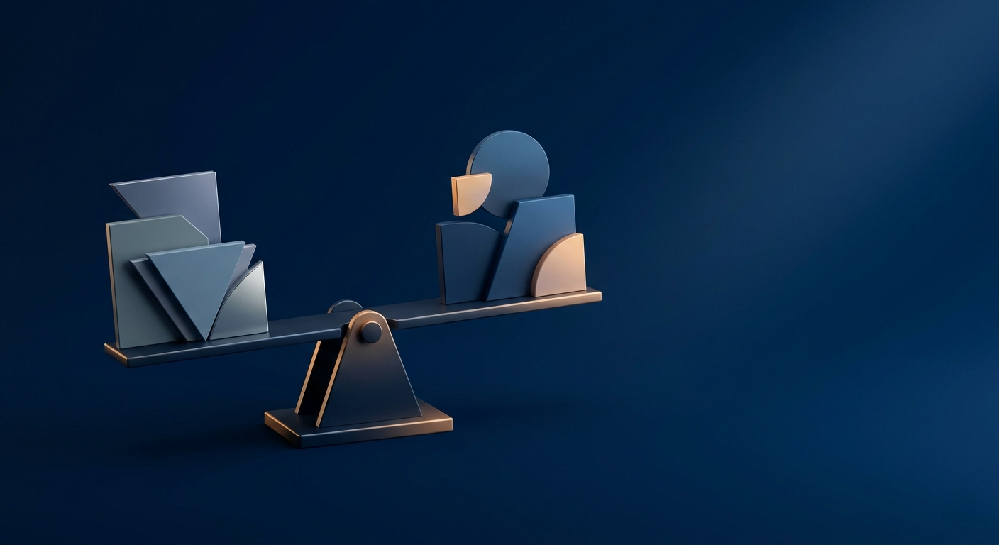 Abstract balanced-scale composition representing buyer comparison of partner relationship management alternatives