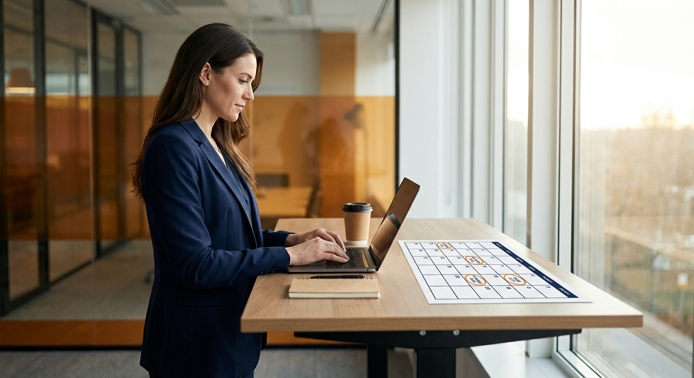Partner manager at a laptop drafting a 1:1 bi-weekly partner check-in email with a tier-1 cadence calendar visible on a second monitor, deep navy and amber palette