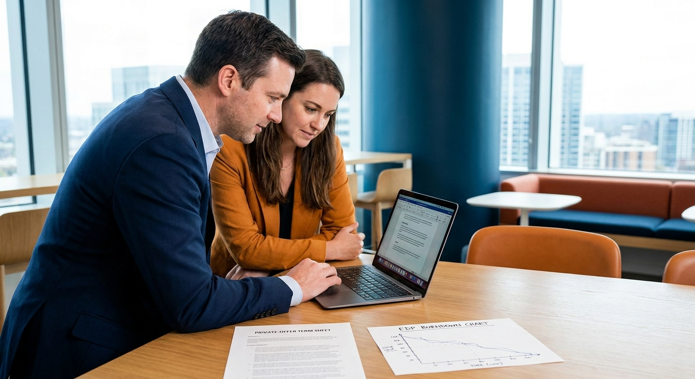 Two partnerships leaders at a whiteboard mapping an AWS Marketplace co-sell motion, ACE opportunity card and private offer sheet pinned beside them, deep navy and amber palette