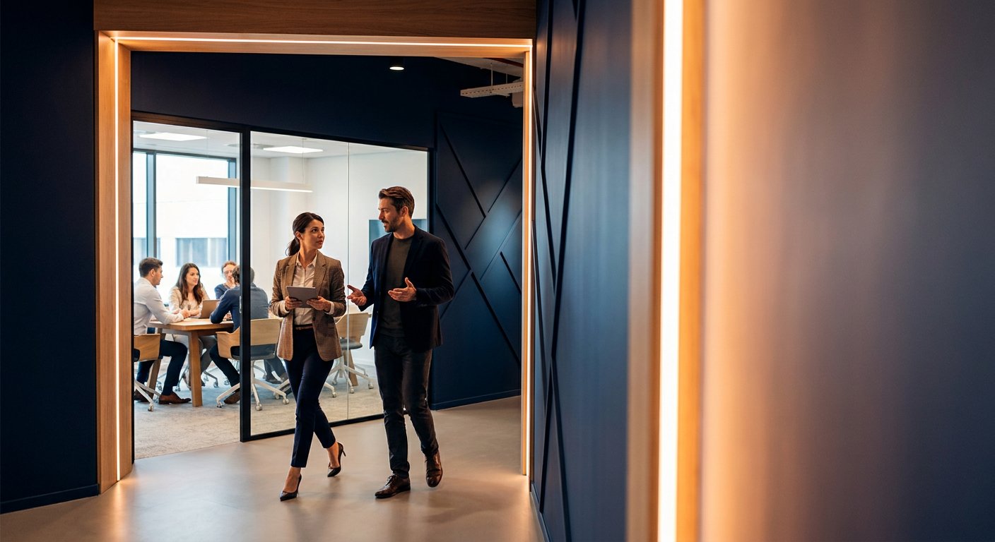 Two B2B SaaS revenue leaders walking through a modern office with a glass meeting room visible, deep navy and amber palette, right third clean for headline overlay
