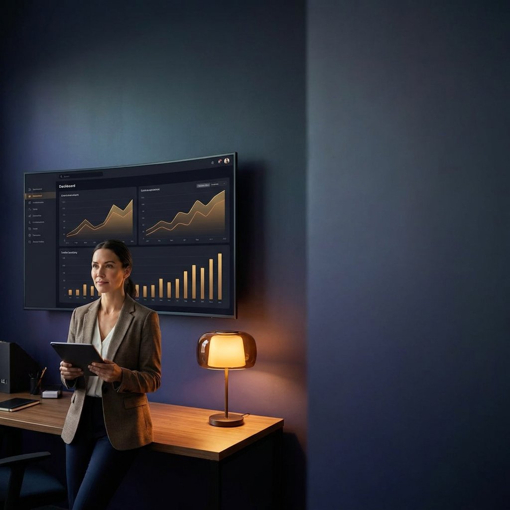 Sales operations leader reviewing a clean forecast dashboard on a large monitor in a calm modern office, deep navy and amber palette, right third clean for headline overlay