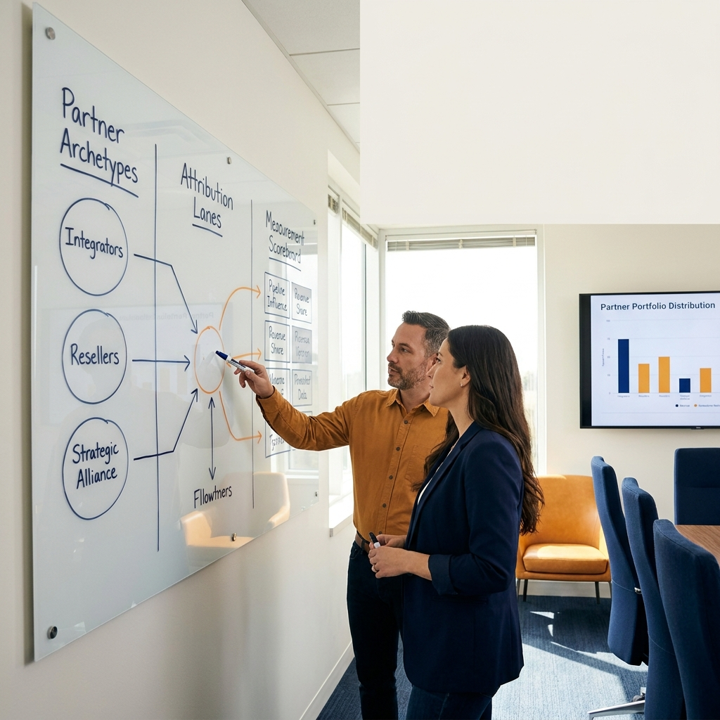 A revenue leader and a partnerships leader at a conference-room whiteboard sketching a partner-program operating model with archetypes, attribution lanes, and a measurement scoreboard, partner-portfolio chart visible on the wall monitor, deep navy and amber palette.