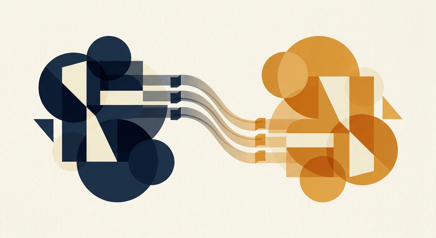 Abstract editorial illustration of partnership marketing programs flowing between two organizations through structured channels in navy and amber