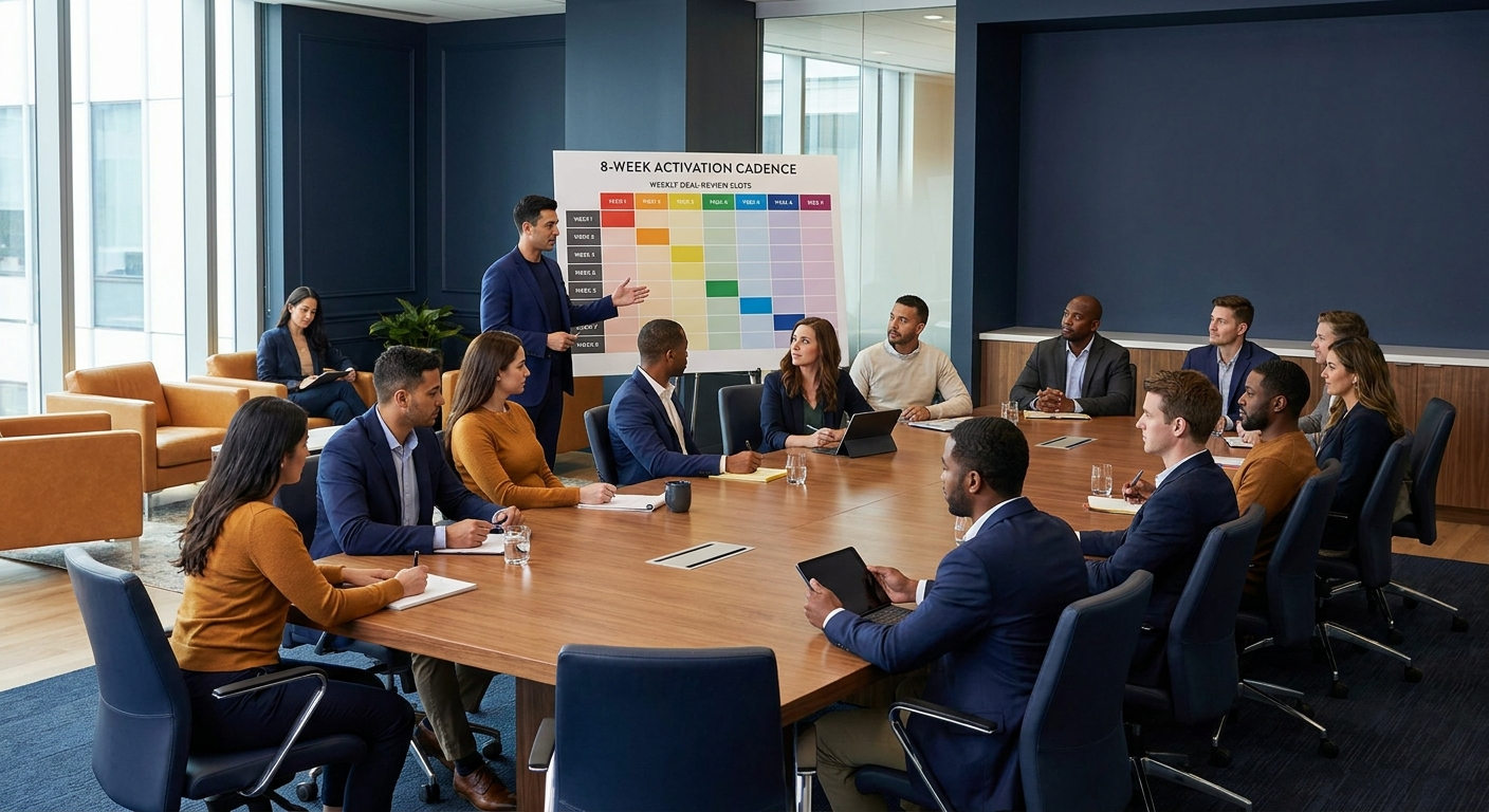 Partnerships team and partner counterparts seated at a long table running a joint kickoff with a printed 8-week activation cadence visible, deep navy and amber palette
