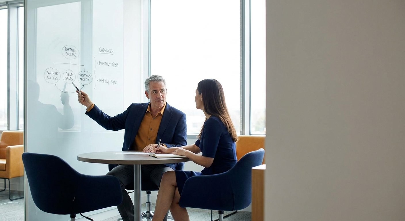 Co-sell advisor seated next to a partnerships leader at a whiteboard sketching a partner operating model with named roles, deep navy and amber palette