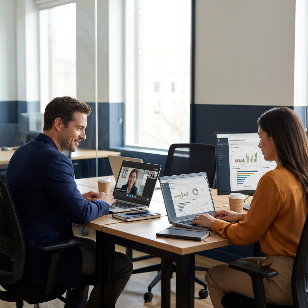 Vendor partner manager and co-sell agency operator reviewing a shared pipeline dashboard with a printed scope-of-work document on the table, deep navy and amber palette