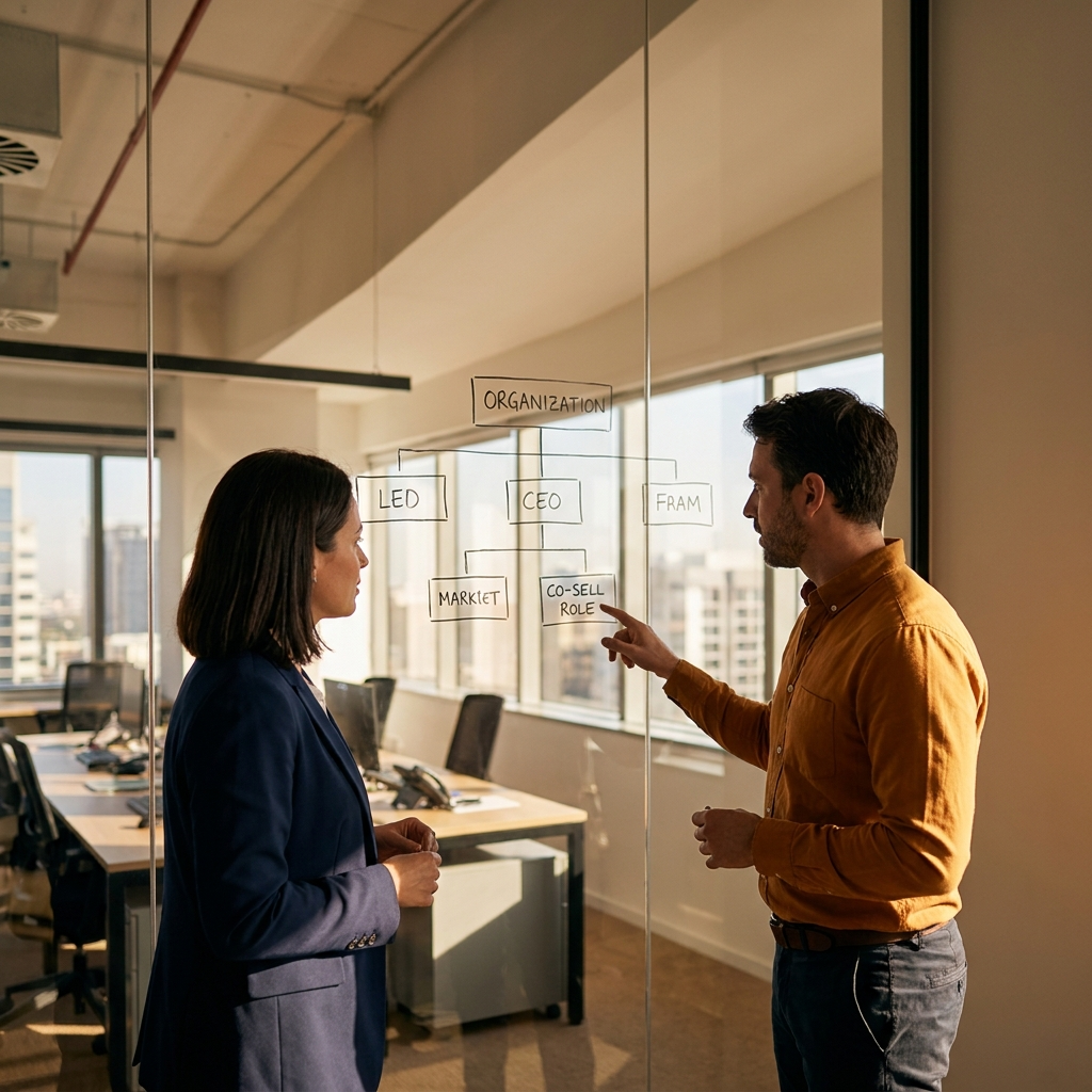 A partnerships leader and a RevOps lead mapping the co-sell alignment specialist role onto an org chart drawn on a glass wall, deep navy and warm amber palette