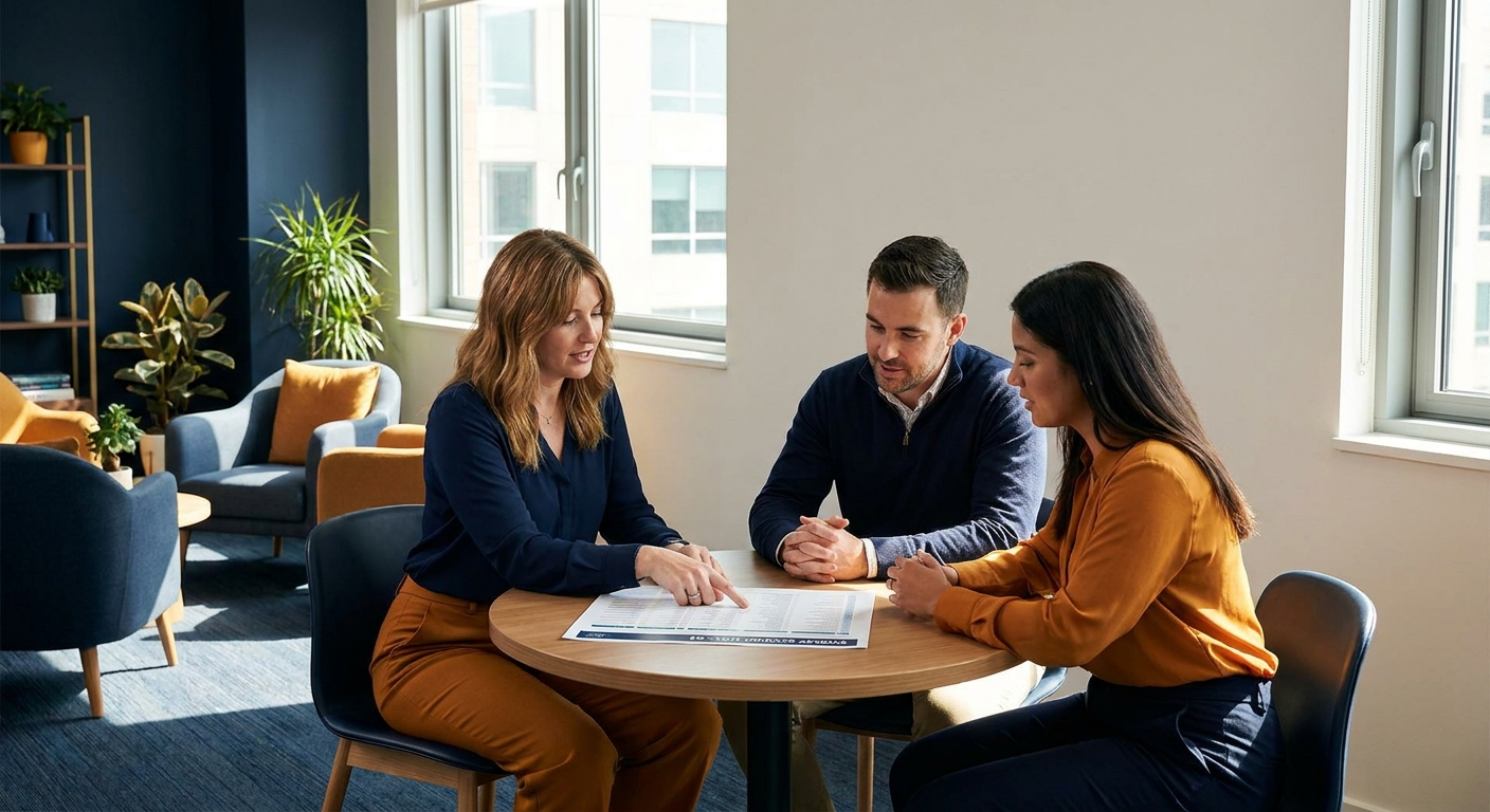 A co-sell alignment specialist running a weekly deal review with a vendor AE and a partner manager, a printed overlap account list on the table, deep navy and warm amber palette
