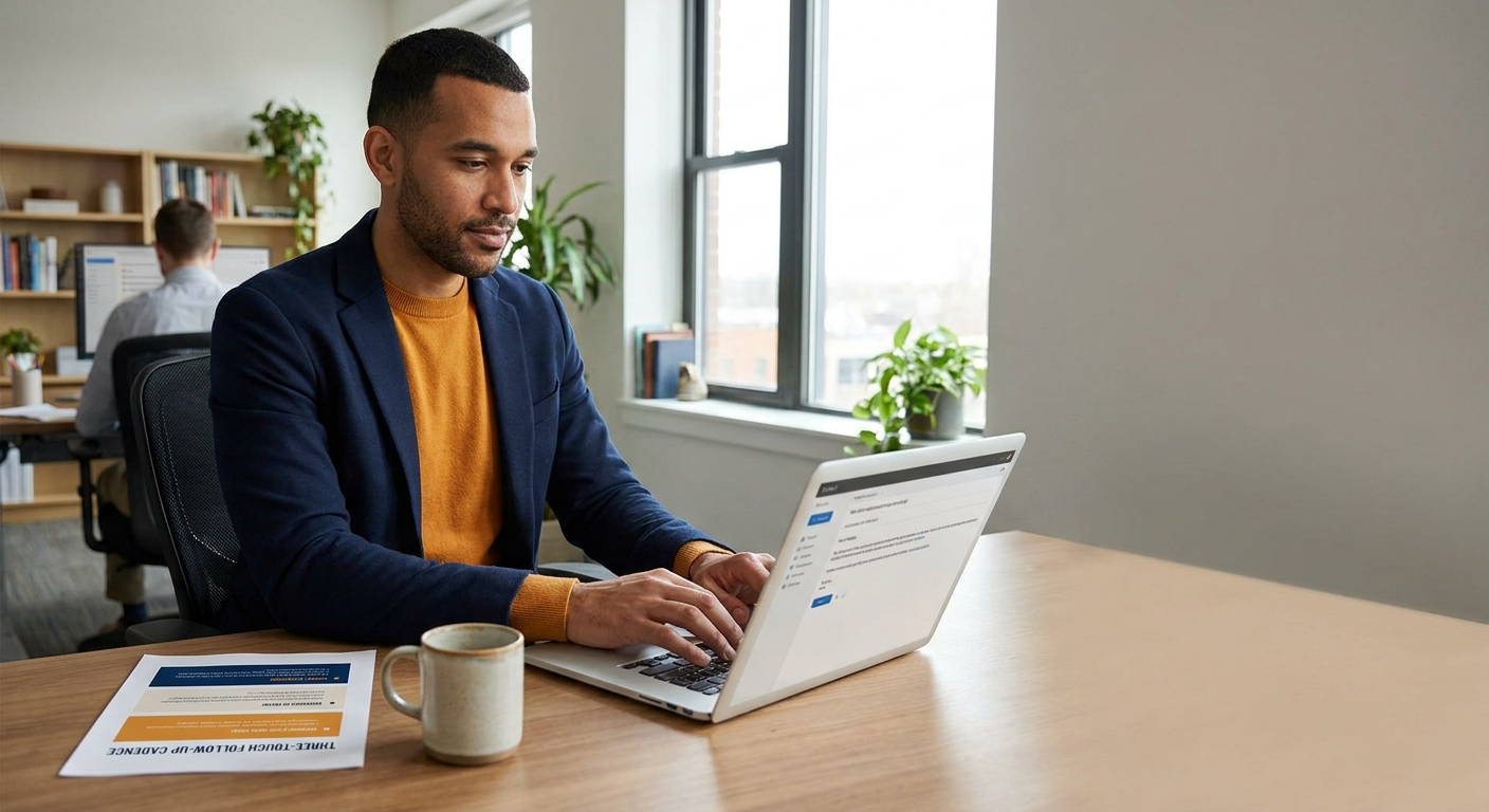 A partner manager at a desk drafting a co-sell outreach sequence on a laptop with a printed three-touch cadence beside the keyboard, deep navy and warm amber palette