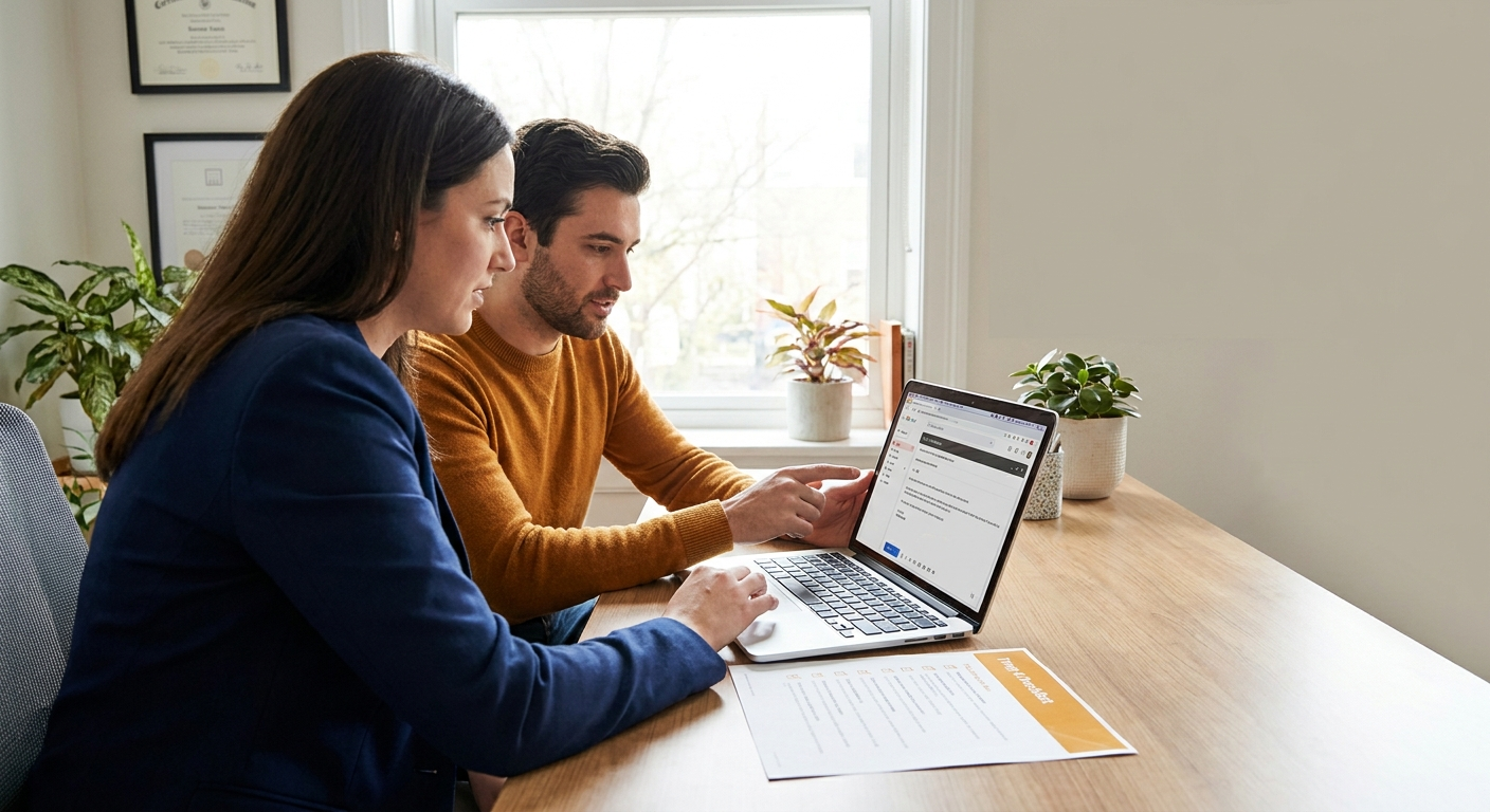 A partner manager and an AE reviewing co-sell email drafts side by side on a laptop with a printed deal-stage checklist on the desk, deep navy and warm amber palette