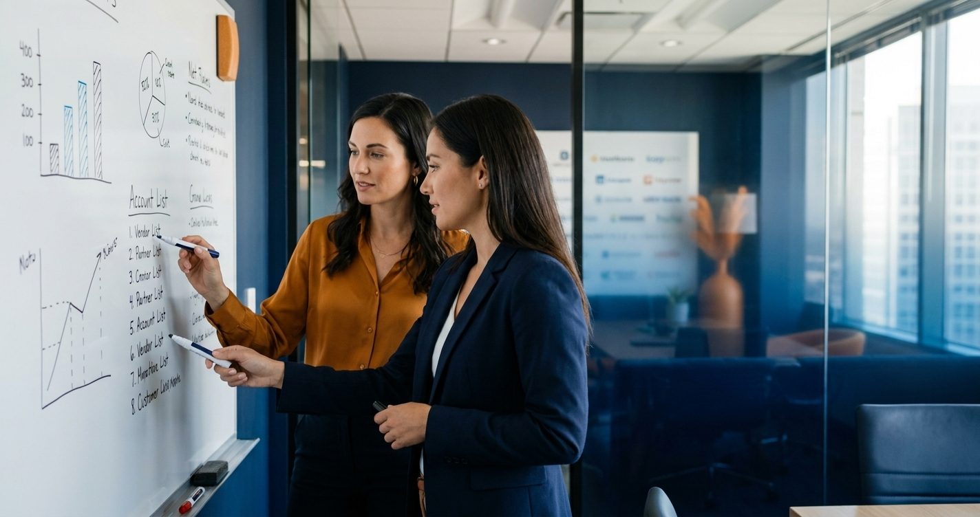 Vendor account executive and partner manager planning side-by-side at a glass-walled conference room whiteboard