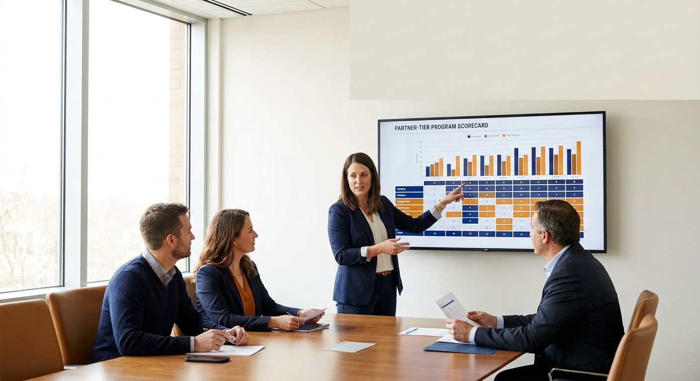 A partnerships leader running a co-sell program review with two partner managers and a chief revenue officer, a program scorecard on the wall monitor, deep navy and warm amber palette
