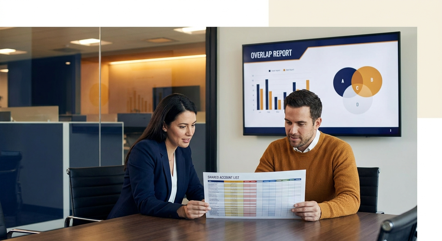 Two account executives from different companies running a co-sell deal review across a conference table with a printed shared account list and an overlap report on the wall monitor, deep navy and warm amber palette