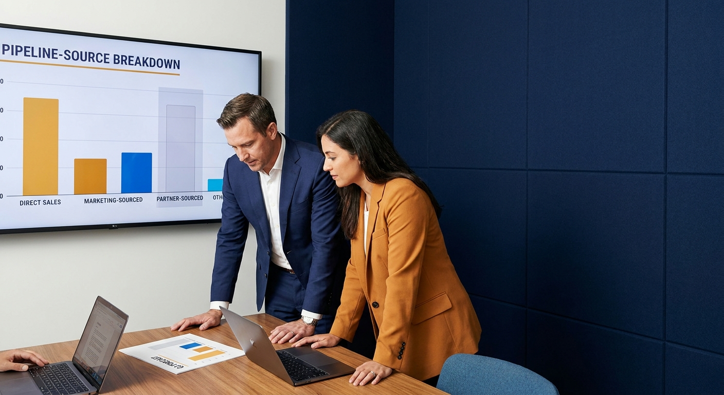 A chief revenue officer and a head of partnerships reviewing a pipeline-source breakdown on a wall monitor showing partner-sourced revenue missing, a printed forecast on the table, deep navy and warm amber palette
