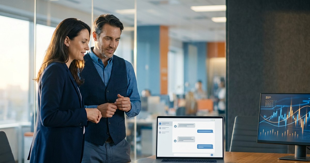Two partnerships professionals reviewing a conversational AI chat interface on a laptop next to a screen showing partner data visualization.