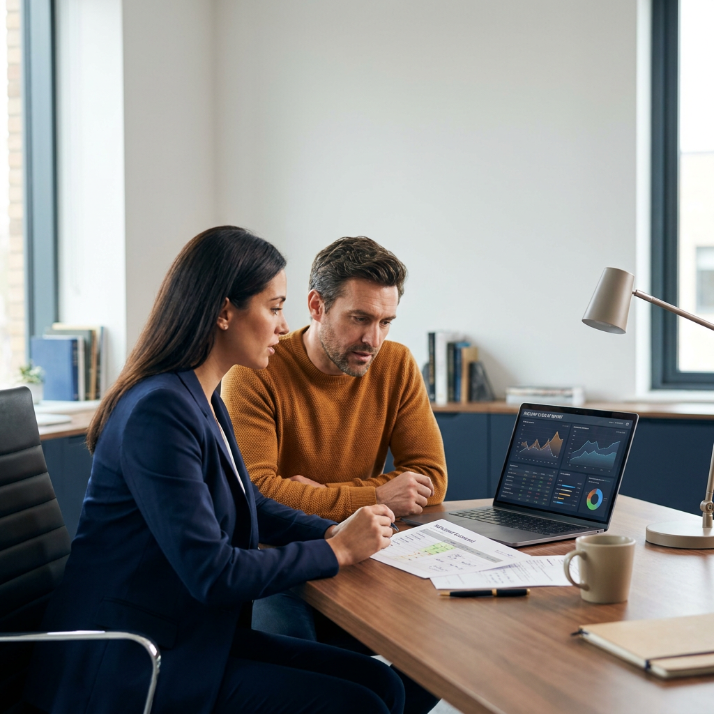 A head of partnerships and a revenue operations lead comparing two account-overlap reports on a laptop and a printed evaluation scorecard at a desk, weighing a partner-tech purchase, deep navy and warm amber palette