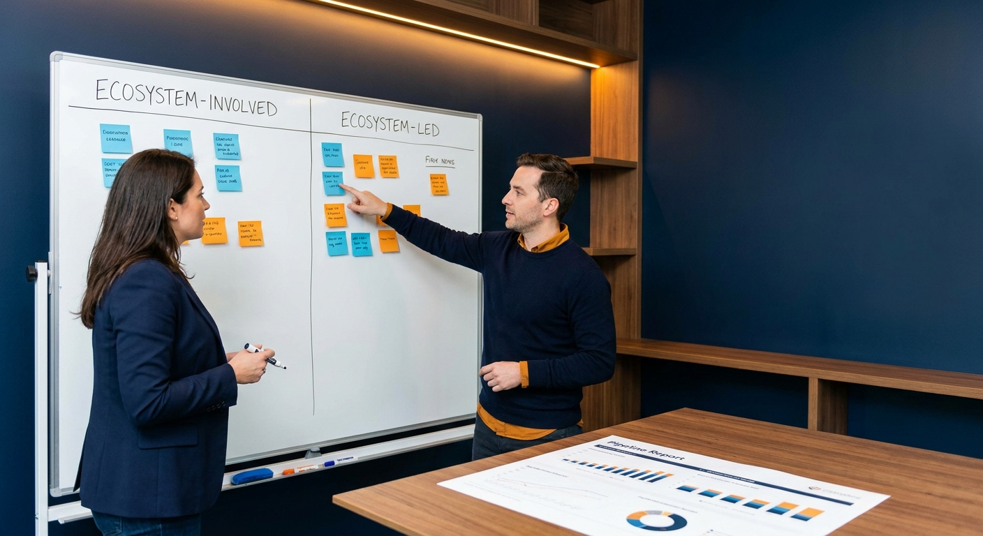 A revenue leader and a head of partnerships at a whiteboard sorting deals into ecosystem-involved and ecosystem-led columns, a printed pipeline report on the table, deep navy and warm amber palette