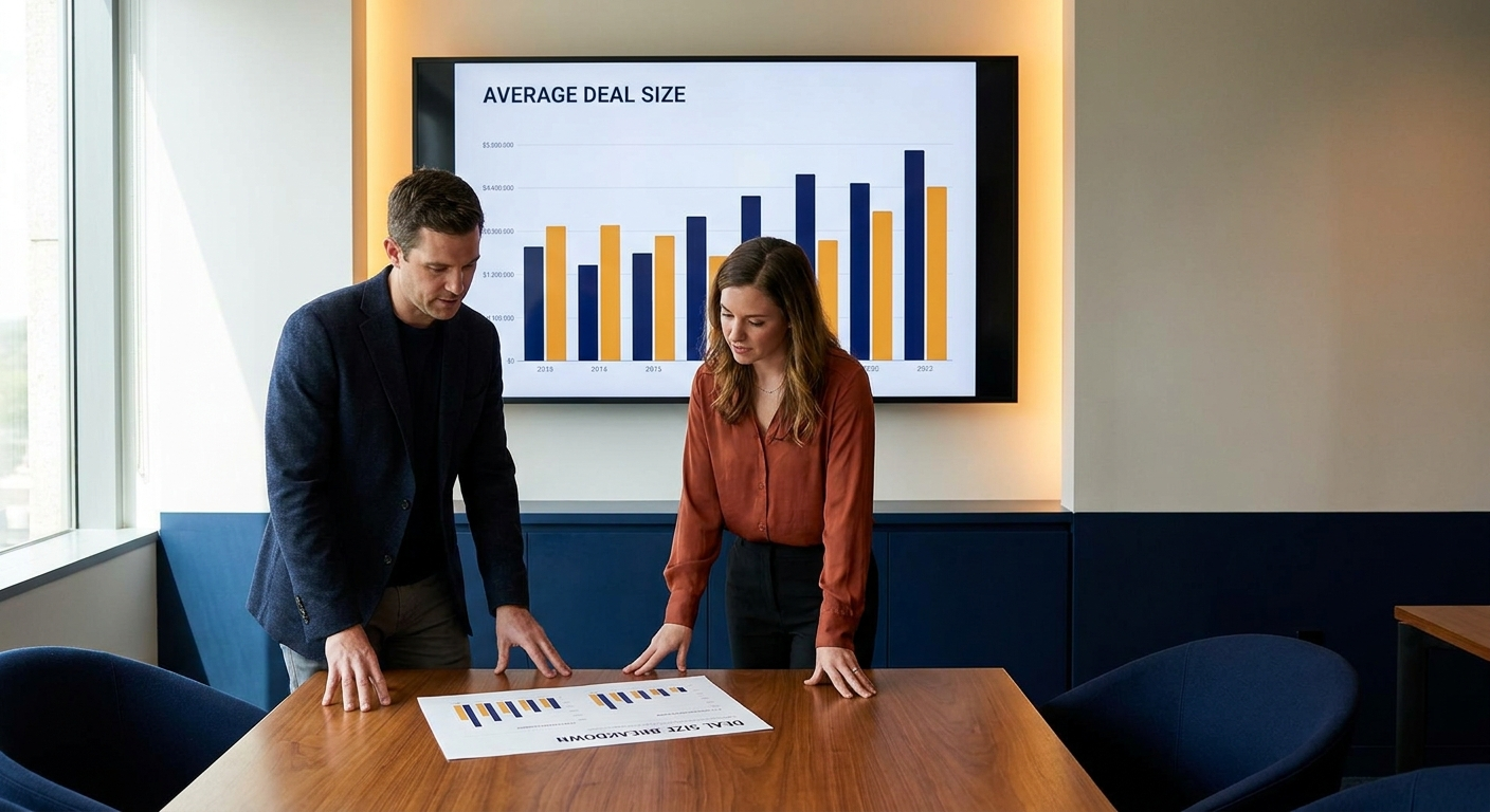 A sales leader and a partnerships manager reviewing a chart on a wall monitor that compares average deal size for partner-involved versus direct deals, a printed deal-size breakdown on the table, deep navy and warm amber palette