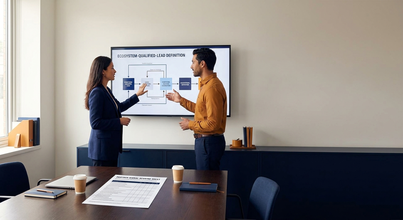 A partnerships manager and a sales development lead reviewing an ecosystem-qualified-lead definition on a wall monitor with a partner-signal scoring sheet printed on the desk, deep navy and warm amber palette