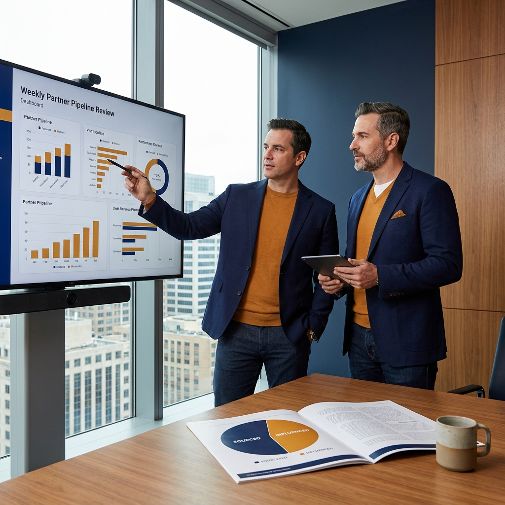 A VP of partnerships and a CRO standing at a wall monitor walking through a weekly partner pipeline review, with a printed sourced and influenced split visible on the table, deep navy and warm amber palette