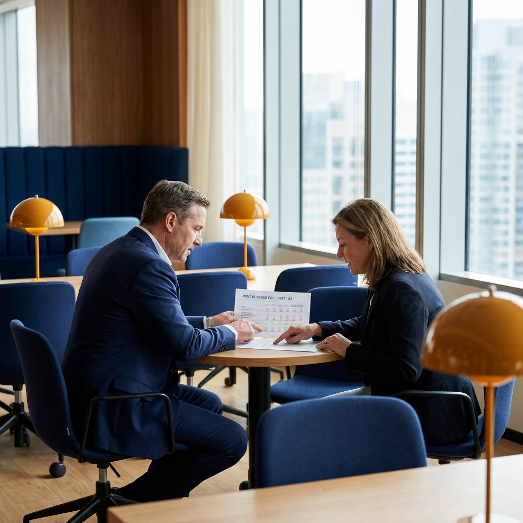 Two CROs from partner companies sitting across a small table with a printed joint revenue forecast between them, walking through commit, upside, and stretch line by line, deep navy and warm amber palette