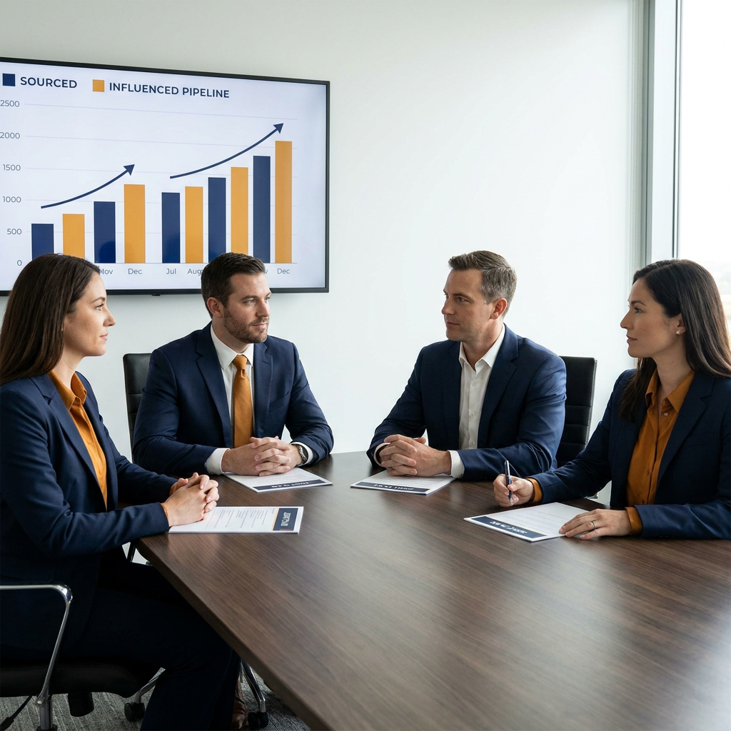 Two CROs and their partner counterparts seated at a conference table running a quarterly executive alignment meeting with a one-page joint plan in front of each person and a wall monitor showing sourced and influenced pipeline, deep navy and warm amber palette