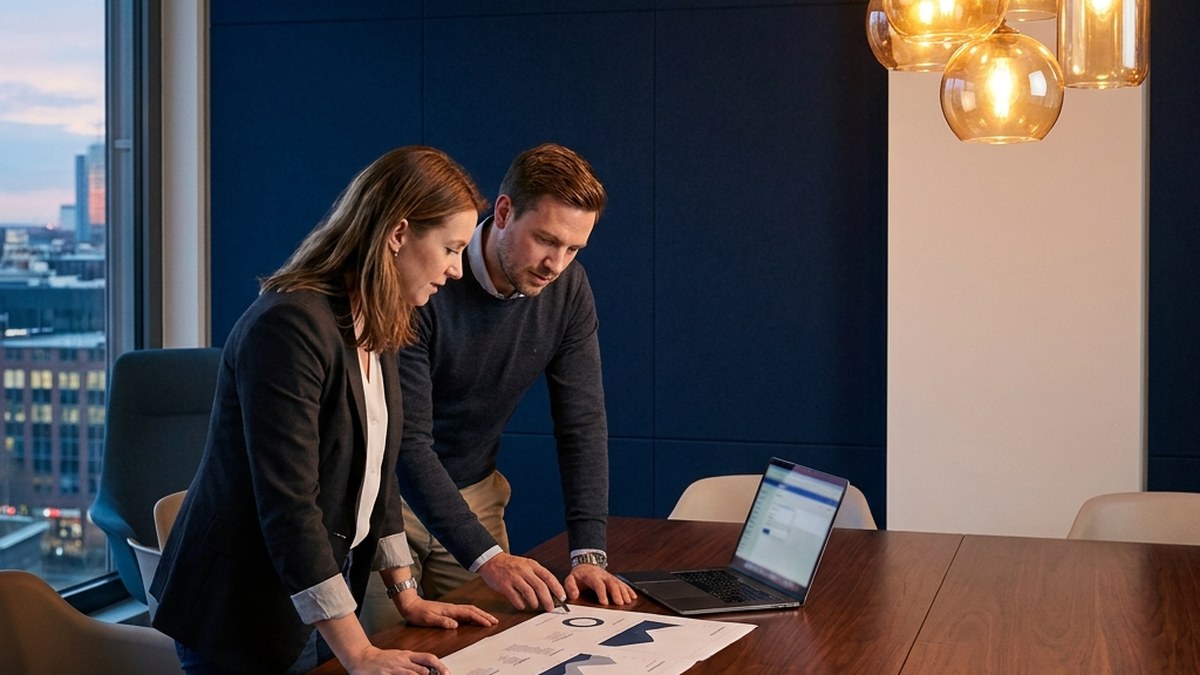 Two professionals reviewing a co-sell plan together at a modern conference table.