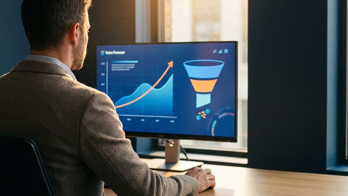 A focused professional reviewing a sales pipeline forecast on a monitor.