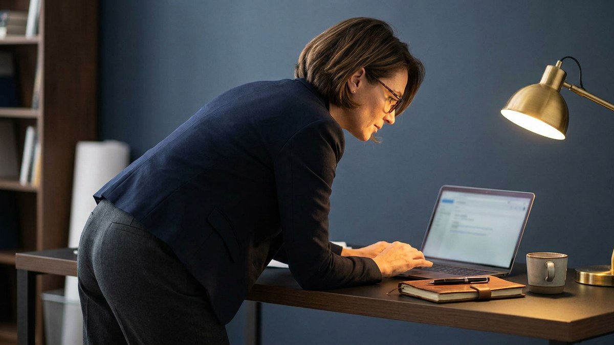 A focused executive working at a clean desk with warm focused lighting.